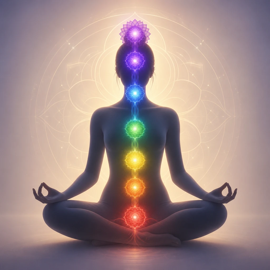 Sete chakras alinhados em uma silhueta meditativa