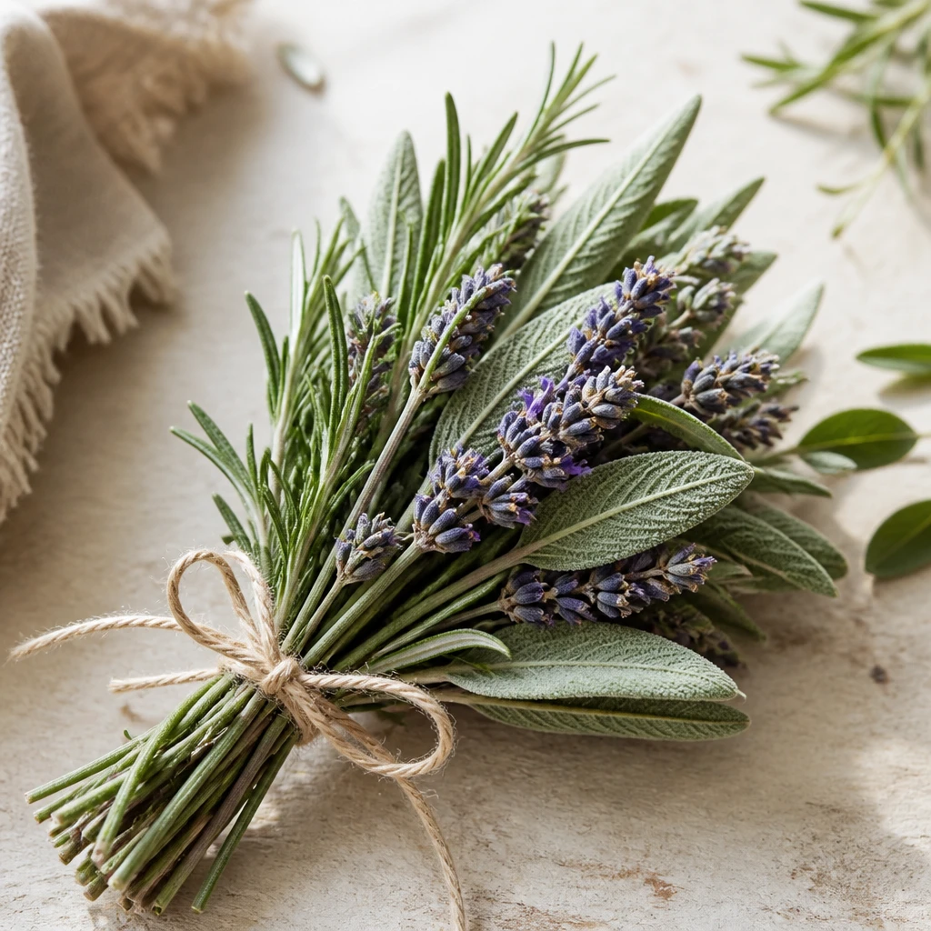 Ramo de alecrim, sálvia e lavanda
