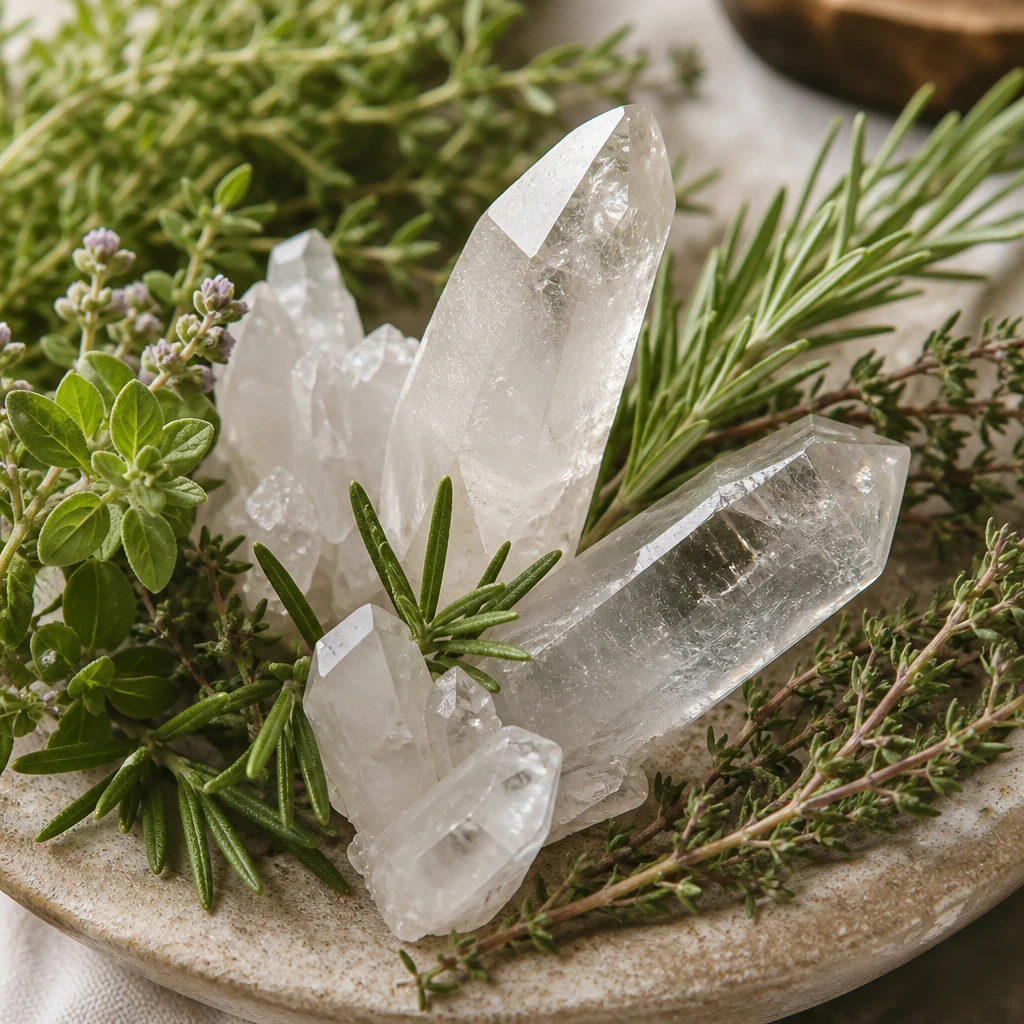 Cristais de quartzo e ervas aromáticas