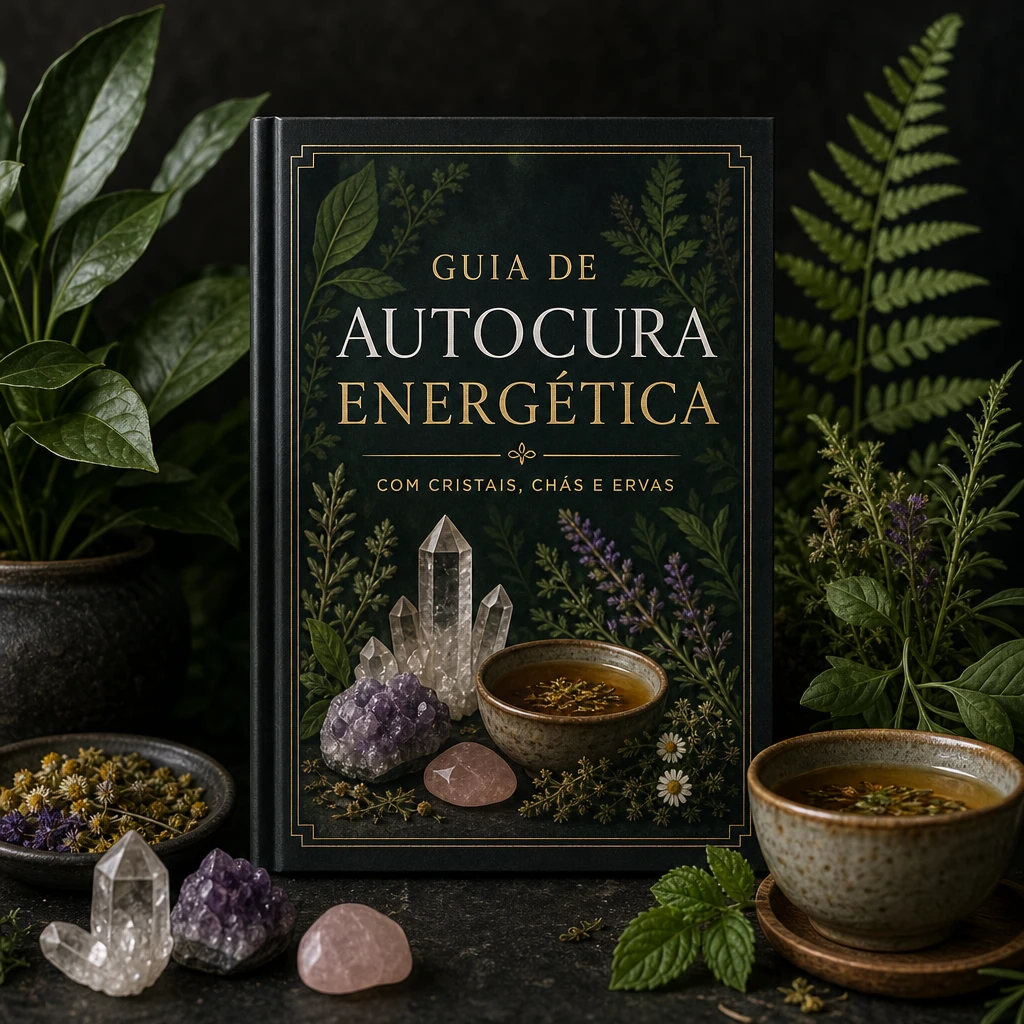 mockup do guia de autocura energética com a capa verde, cristais, chá e ervas